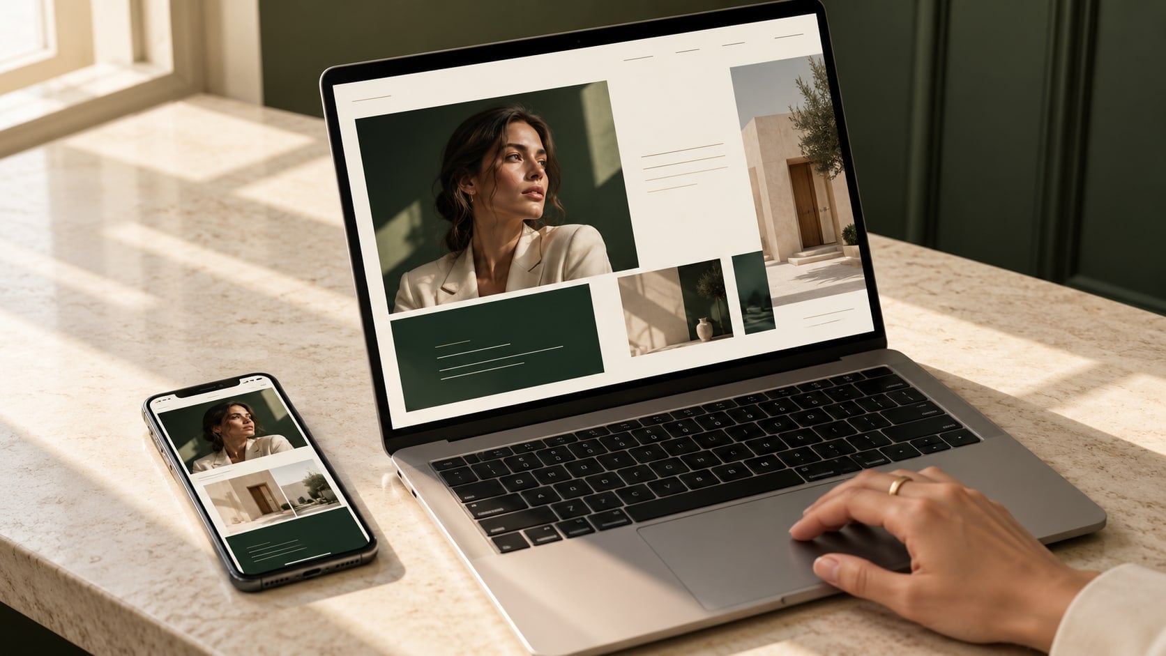 Illustration : un site web présenté sur ordinateur portable et sur téléphone